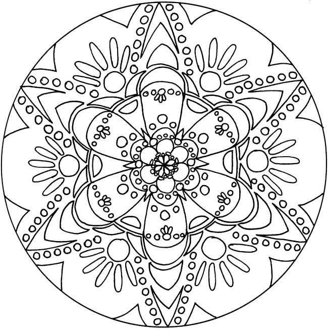 Colorier des mandalas amène tous les bienfaits du coloriage en plus de ceux associés à ce symbole riche en signification. C'est le cas avec ce Mandala que nous pourrions intituler 'fleur étoilée'.